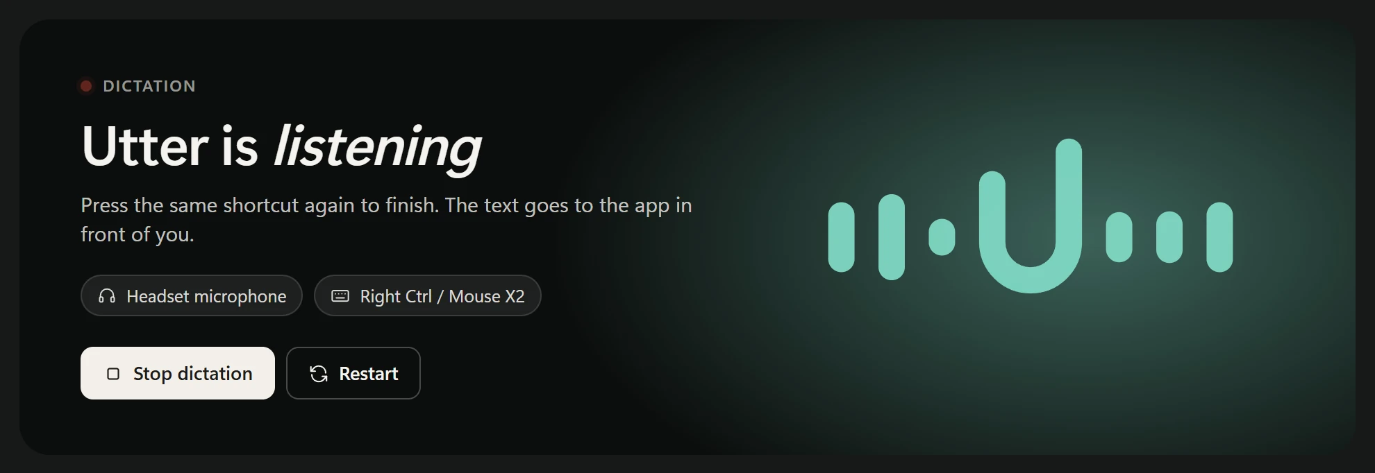 Utter's Home page while dictating: Utter is listening, with the microphone and shortcut in use