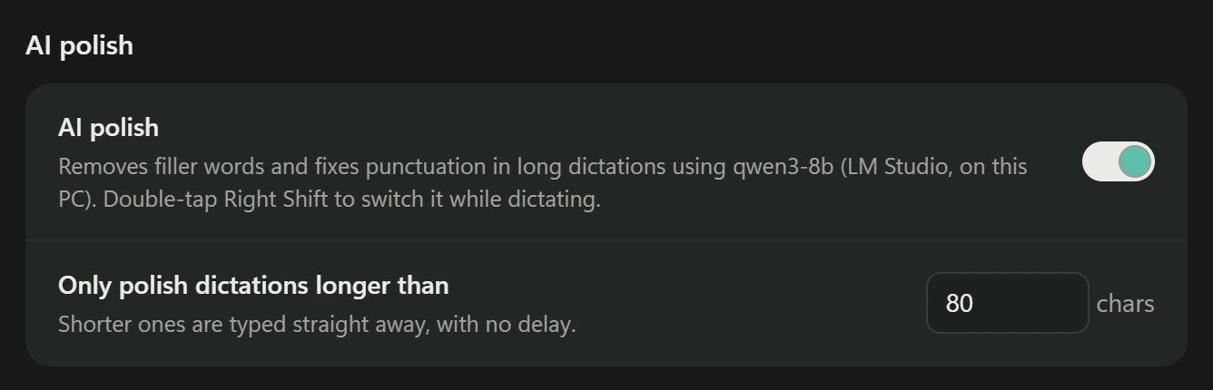 Utter's AI polish setting: removes filler words and fixes punctuation with a model in LM Studio on this PC